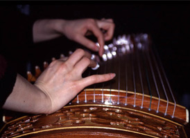 Qin Jun playing the guzheng. Photo by Maggie Holtzberg.