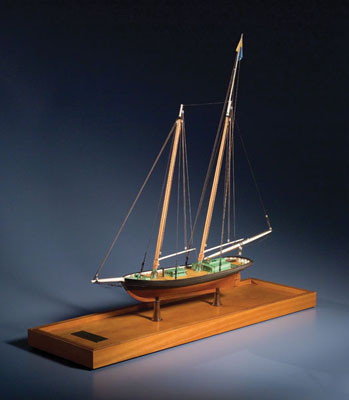 Dream, Full-hull ship model, 1992; Rob Napier (b. 1946); Newburyport, Massachusetts; Honduras mahogany, basswood, boxwood, ebony, glass, brass, linen, silk, rice paper; 30 3/4 x 32 5/8 x 8 7/8 in.; Collection of the artist; Photography by Jason Dowdle