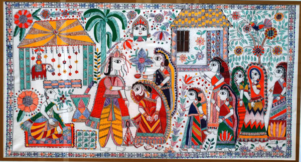 Traditional Indian Wedding, Madhubani painting, 2009; Sunanda Sahay; Acton, Massachusetts; Acrylic over fabric; 34 x 19 in.;