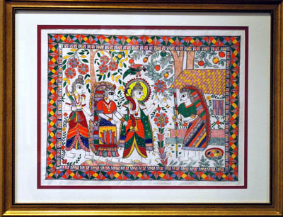 Sweet Fruits of Devotion; Madhubani painting; 2009: Acton, Massachusetts; Acrylic, fabric; 35 x 21 in.